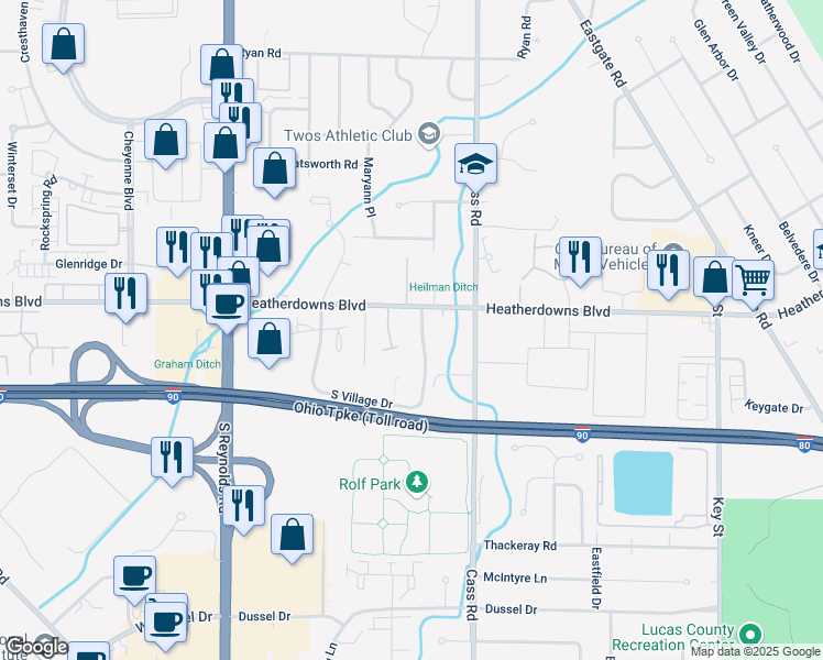 map of restaurants, bars, coffee shops, grocery stores, and more near 4923 Heatherdowns Boulevard in Toledo