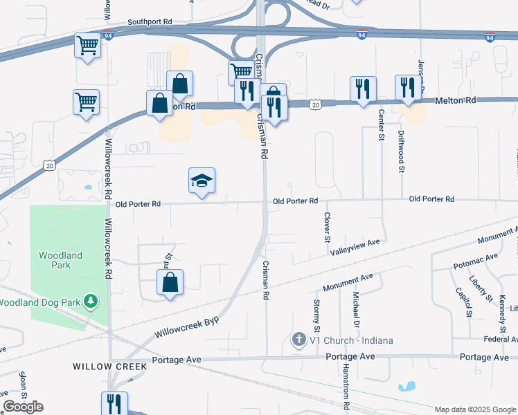 map of restaurants, bars, coffee shops, grocery stores, and more near Crisman Rd in Portage