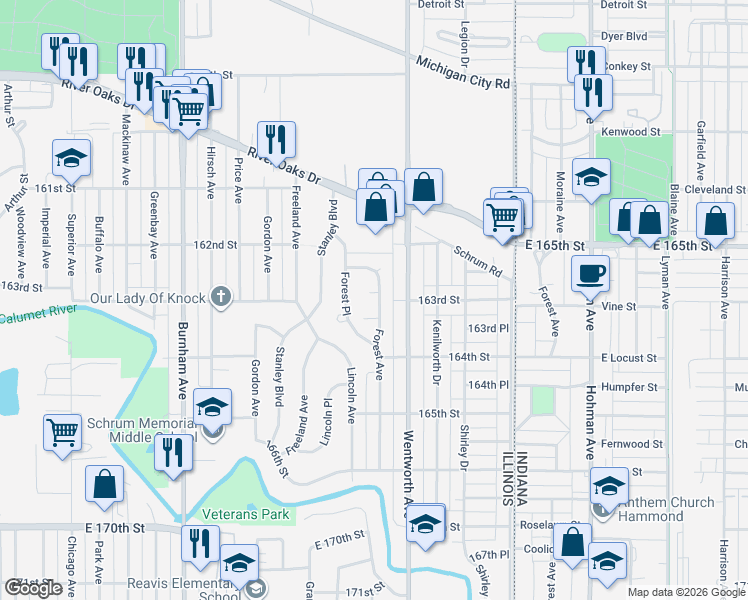 map of restaurants, bars, coffee shops, grocery stores, and more near 1411 Forest Avenue in Calumet City