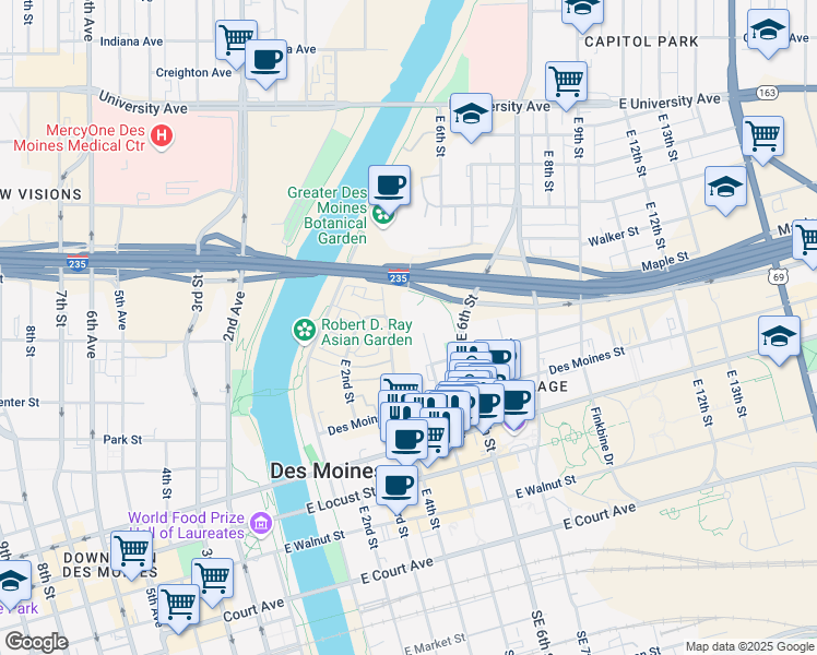map of restaurants, bars, coffee shops, grocery stores, and more near 700 East 5th Street in Des Moines