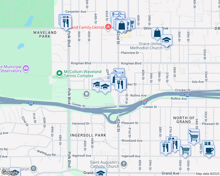map of restaurants, bars, coffee shops, grocery stores, and more near 4209 Chamberlain Avenue in Des Moines