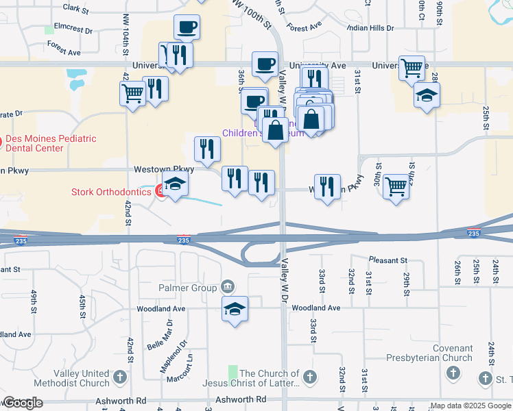 map of restaurants, bars, coffee shops, grocery stores, and more near 3530 Westown Parkway in West Des Moines