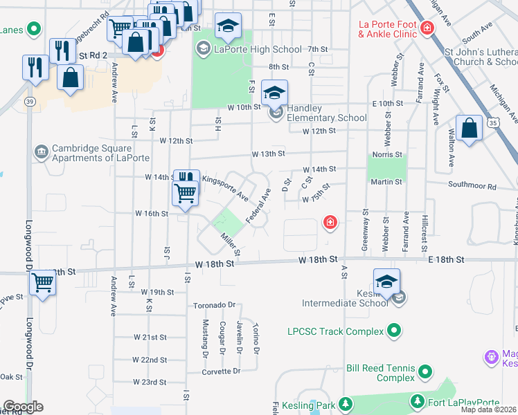 map of restaurants, bars, coffee shops, grocery stores, and more near 1400 Federal Avenue in La Porte