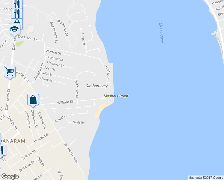 map of restaurants, bars, coffee shops, grocery stores, and more near 27 Mosher Street in Dartmouth