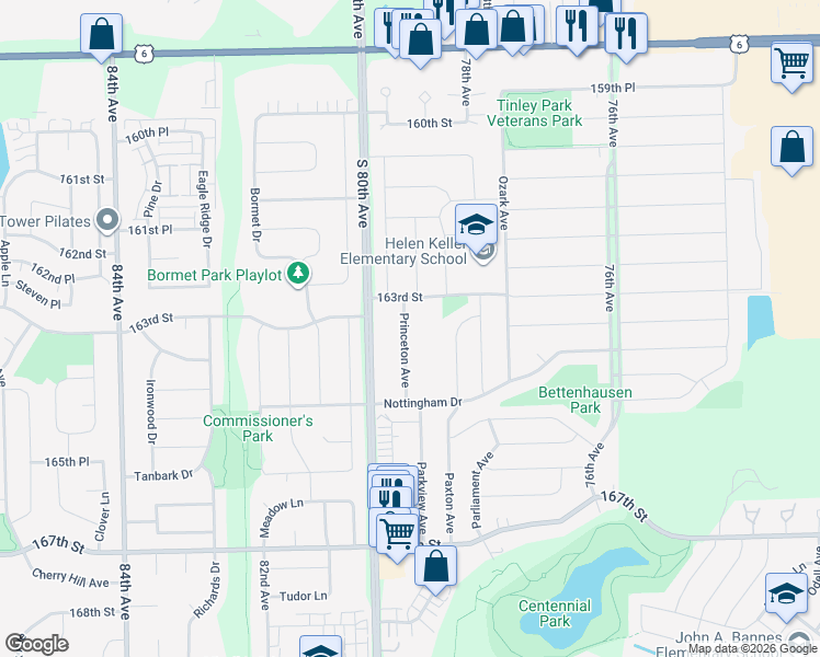 map of restaurants, bars, coffee shops, grocery stores, and more near 7931 163rd Court in Tinley Park