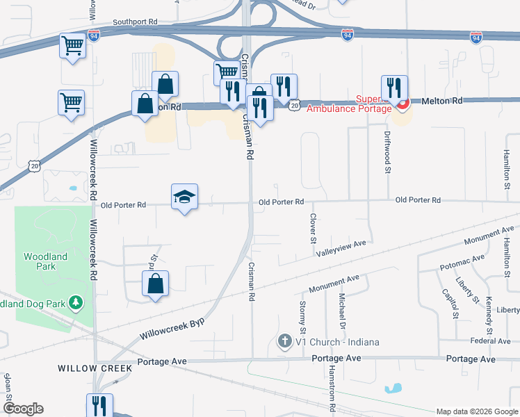 map of restaurants, bars, coffee shops, grocery stores, and more near 6275 Old Porter Road in Portage