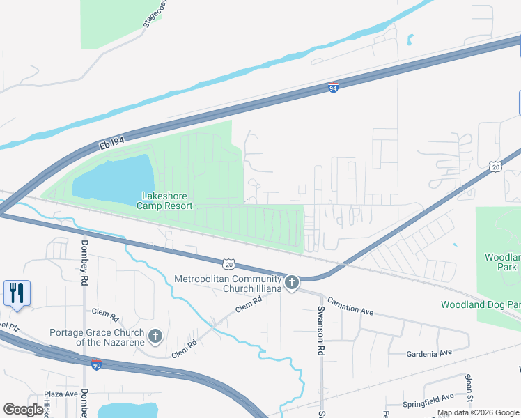 map of restaurants, bars, coffee shops, grocery stores, and more near 5501 Old Porter Road in Portage