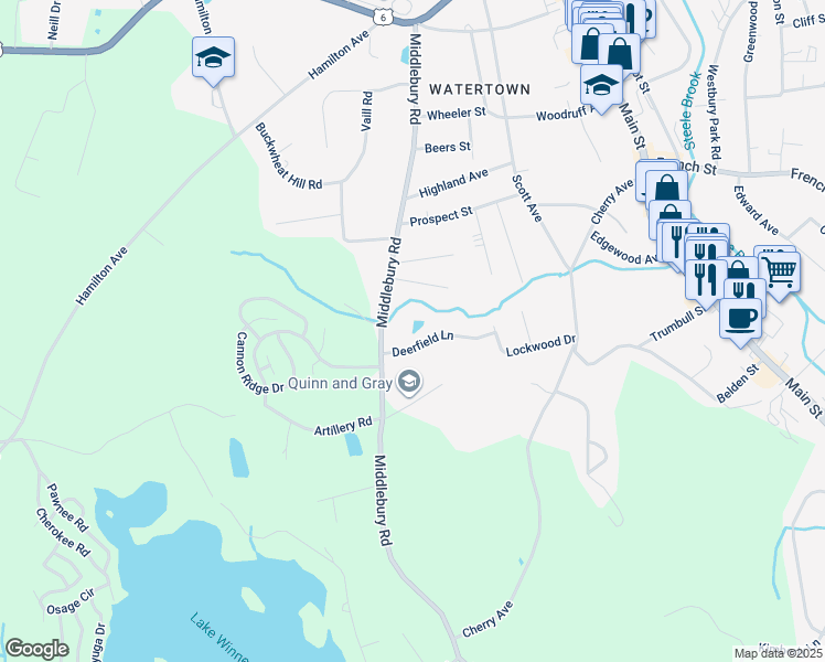 map of restaurants, bars, coffee shops, grocery stores, and more near 9 Deerfield Lane in Watertown