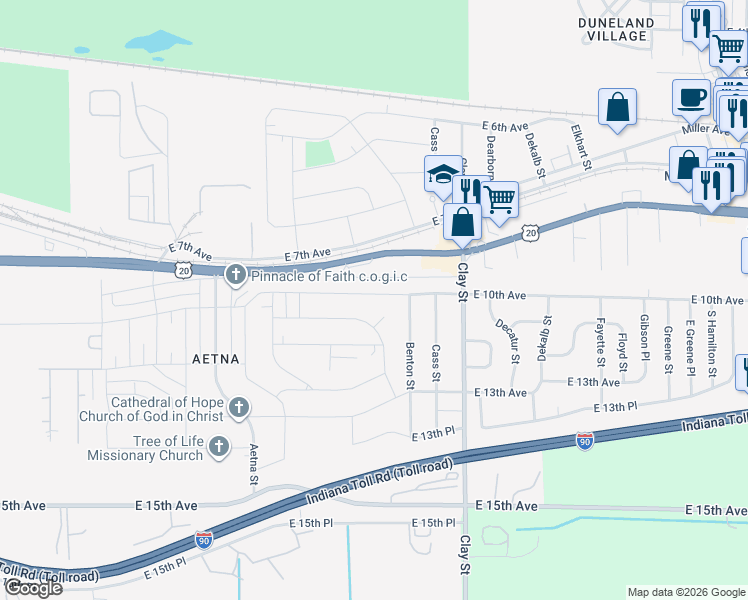 map of restaurants, bars, coffee shops, grocery stores, and more near 1030 East 11th Court in Gary