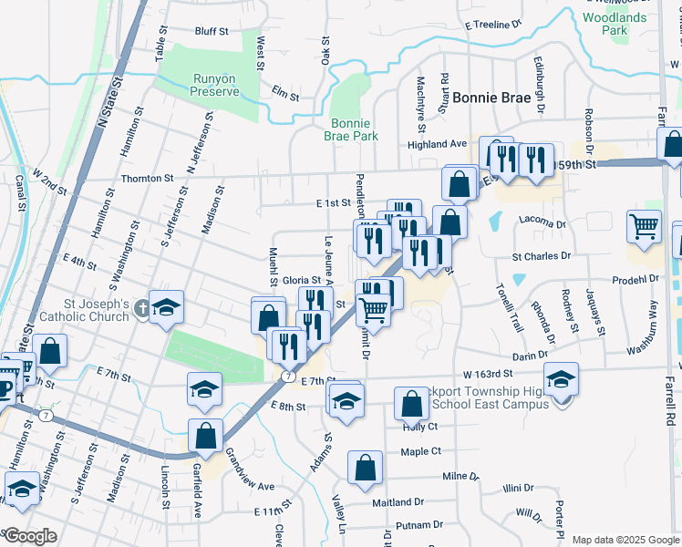 map of restaurants, bars, coffee shops, grocery stores, and more near 976 East 9th Street in Lockport