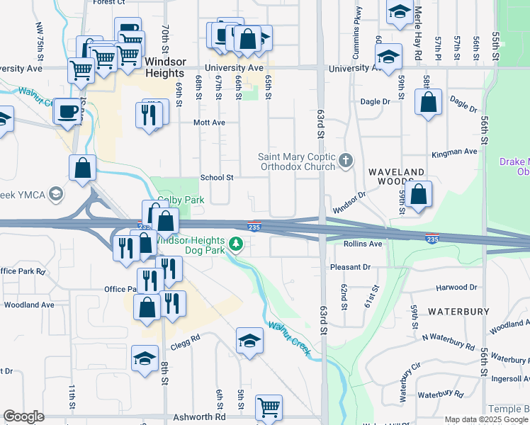 map of restaurants, bars, coffee shops, grocery stores, and more near 900 65th Street in Windsor Heights