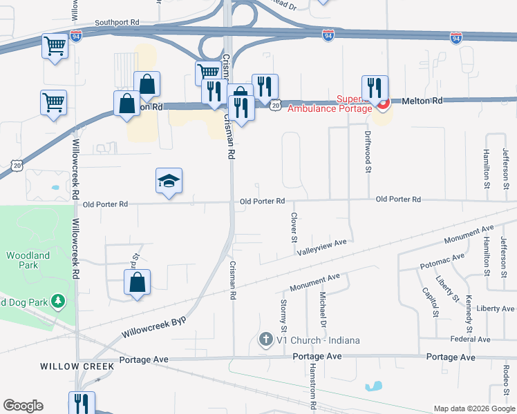 map of restaurants, bars, coffee shops, grocery stores, and more near 6275-6301 Old Porter Rd in Portage