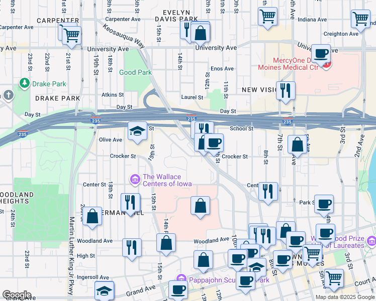 map of restaurants, bars, coffee shops, grocery stores, and more near 1300 Keosauqua Way in Des Moines