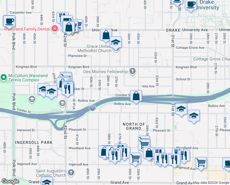map of restaurants, bars, coffee shops, grocery stores, and more near 3715 Crocker Street in Des Moines