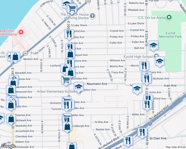 map of restaurants, bars, coffee shops, grocery stores, and more near 20771 Nicholas Avenue in Euclid