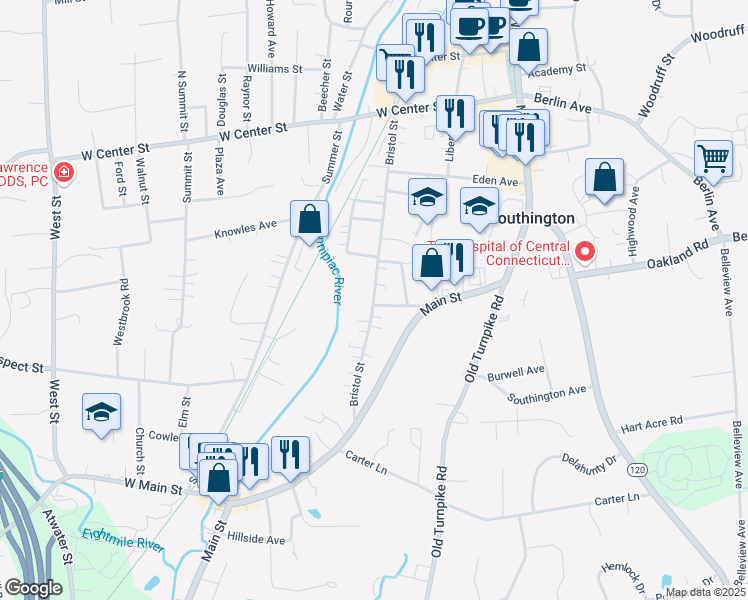 map of restaurants, bars, coffee shops, grocery stores, and more near 217 Bristol Street in Southington