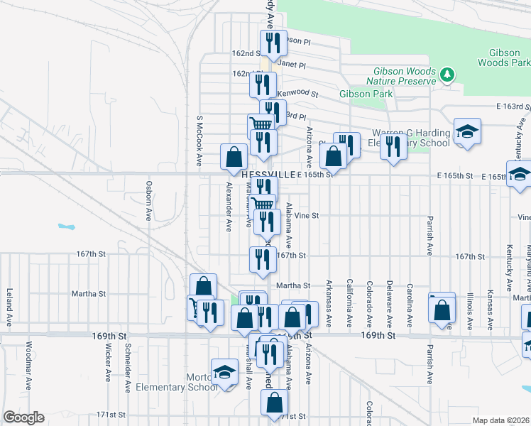 map of restaurants, bars, coffee shops, grocery stores, and more near 6602 Kennedy Avenue in Hammond