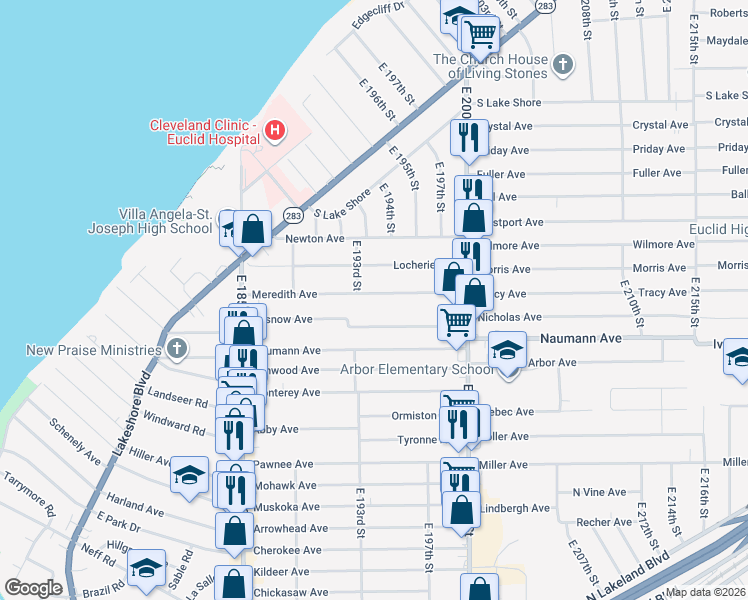 map of restaurants, bars, coffee shops, grocery stores, and more near 19351 Pasnow Avenue in Euclid