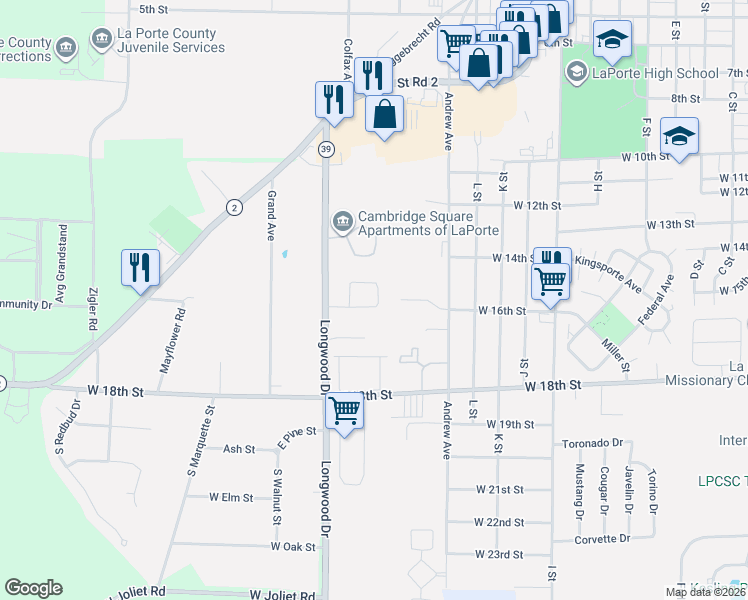 map of restaurants, bars, coffee shops, grocery stores, and more near 14-28 Victoria Cir in La Porte