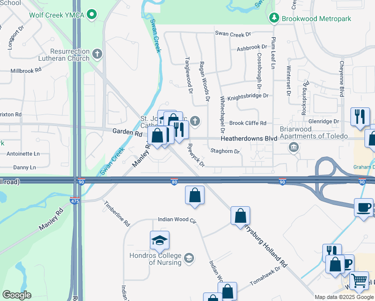 map of restaurants, bars, coffee shops, grocery stores, and more near 5875 Ryewyck Drive in Toledo