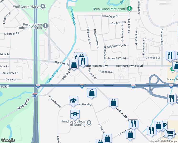 map of restaurants, bars, coffee shops, grocery stores, and more near 5875 Ryewyck Drive in Toledo
