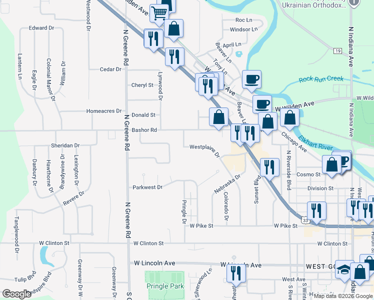 map of restaurants, bars, coffee shops, grocery stores, and more near in Goshen