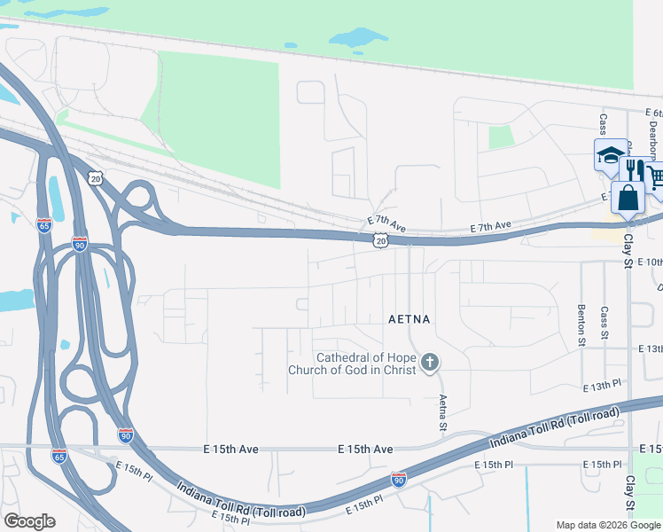 map of restaurants, bars, coffee shops, grocery stores, and more near 3612 East 10th Avenue in Gary
