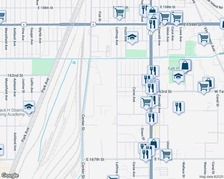 map of restaurants, bars, coffee shops, grocery stores, and more near 16100 Lathrop Avenue in Harvey