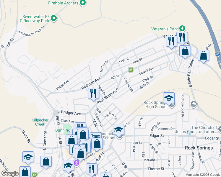 map of restaurants, bars, coffee shops, grocery stores, and more near 1022 Pilot Butte Avenue in Rock Springs
