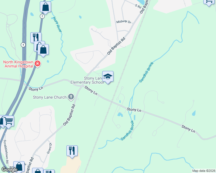 map of restaurants, bars, coffee shops, grocery stores, and more near 825 Stony Lane in North Kingstown