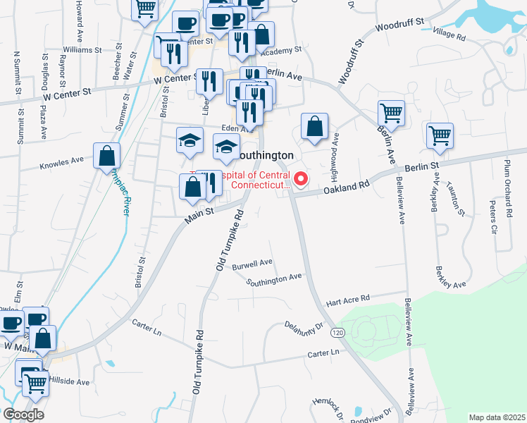 map of restaurants, bars, coffee shops, grocery stores, and more near 25 Old Turnpike Road in Southington