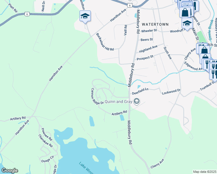 map of restaurants, bars, coffee shops, grocery stores, and more near 8 Cannon Ridge Drive in Watertown