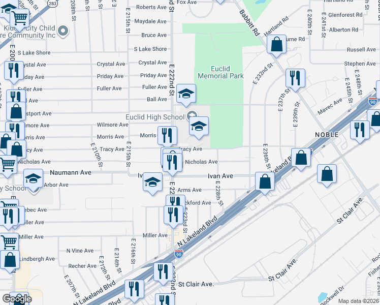map of restaurants, bars, coffee shops, grocery stores, and more near 22471 Nicholas Avenue in Euclid