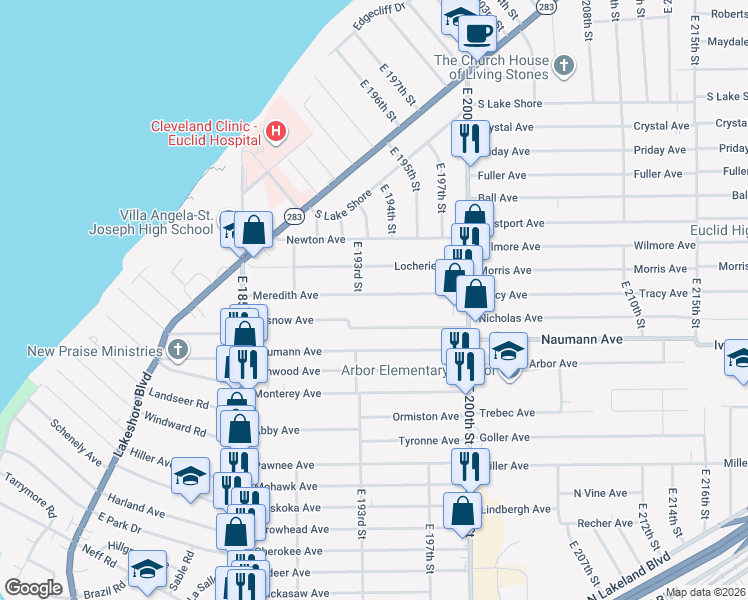 map of restaurants, bars, coffee shops, grocery stores, and more near 19351 Pasnow Avenue in Euclid