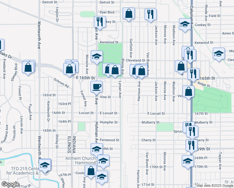 map of restaurants, bars, coffee shops, grocery stores, and more near 268 Vine Street in Hammond