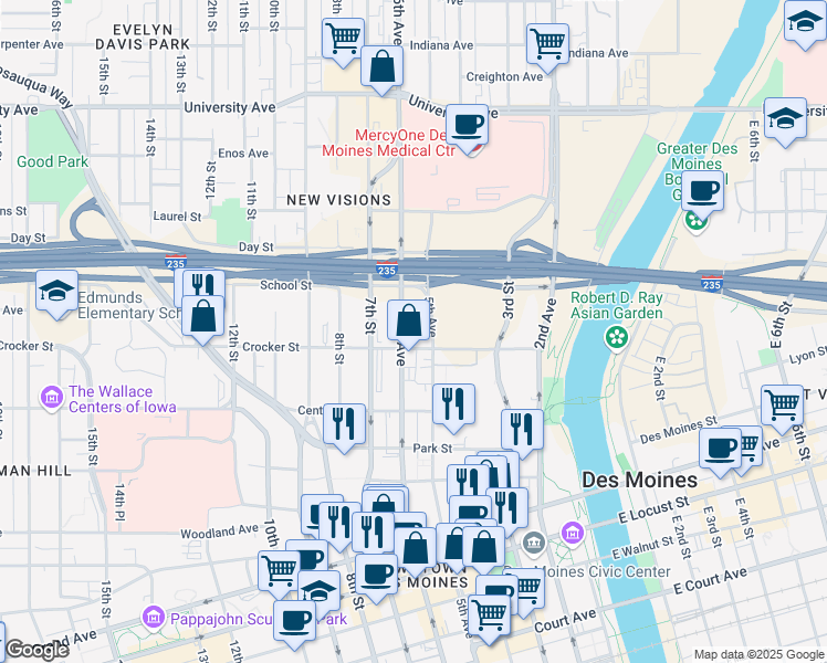 map of restaurants, bars, coffee shops, grocery stores, and more near in Des Moines