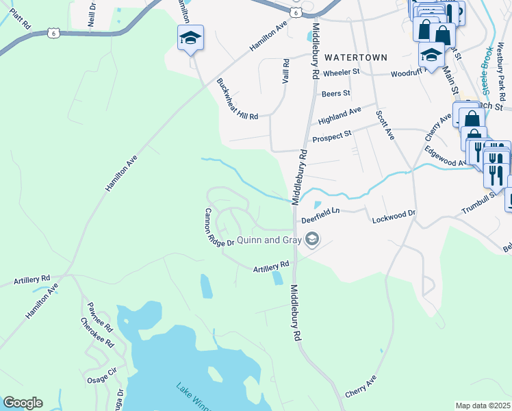 map of restaurants, bars, coffee shops, grocery stores, and more near 16 Cannon Ridge Drive in Watertown