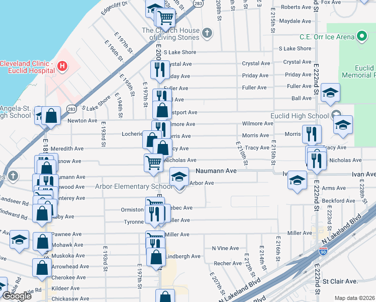 map of restaurants, bars, coffee shops, grocery stores, and more near 20271 Nicholas Avenue in Euclid