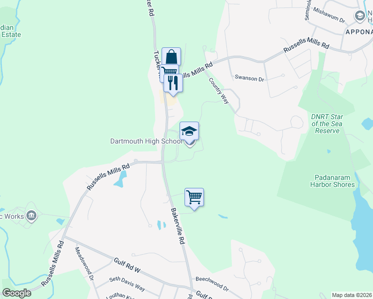 map of restaurants, bars, coffee shops, grocery stores, and more near 555 Bakerville Road in Dartmouth