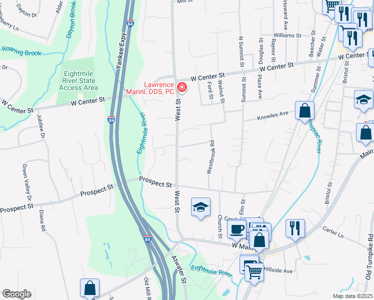 map of restaurants, bars, coffee shops, grocery stores, and more near 18 Maxwell Drive in Southington