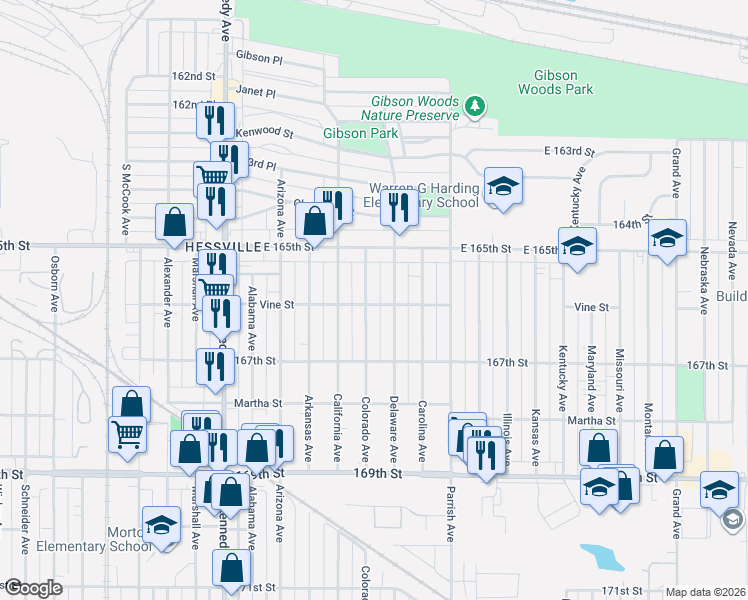 map of restaurants, bars, coffee shops, grocery stores, and more near 6608 Delaware Avenue in Hammond