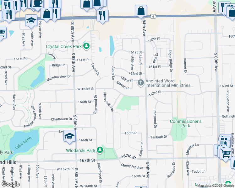 map of restaurants, bars, coffee shops, grocery stores, and more near 8537 163rd Street in Tinley Park