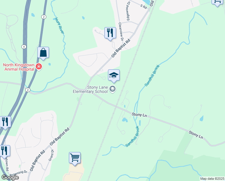 map of restaurants, bars, coffee shops, grocery stores, and more near 825 Stony Lane in North Kingstown