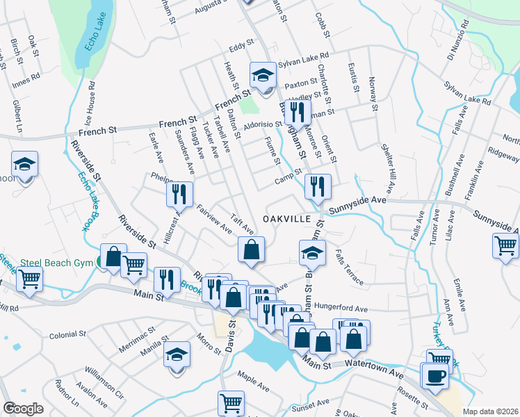map of restaurants, bars, coffee shops, grocery stores, and more near 39 Pleasantview Street in Watertown
