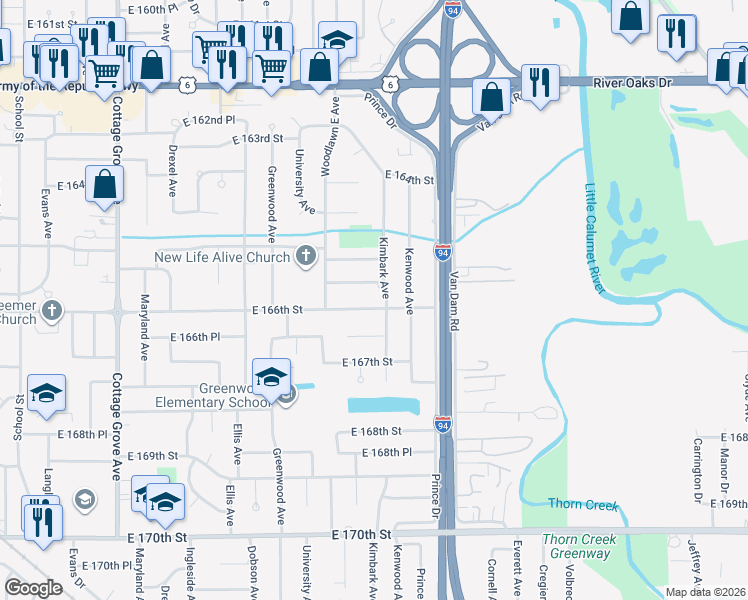 map of restaurants, bars, coffee shops, grocery stores, and more near 1238 East 166th Street in South Holland