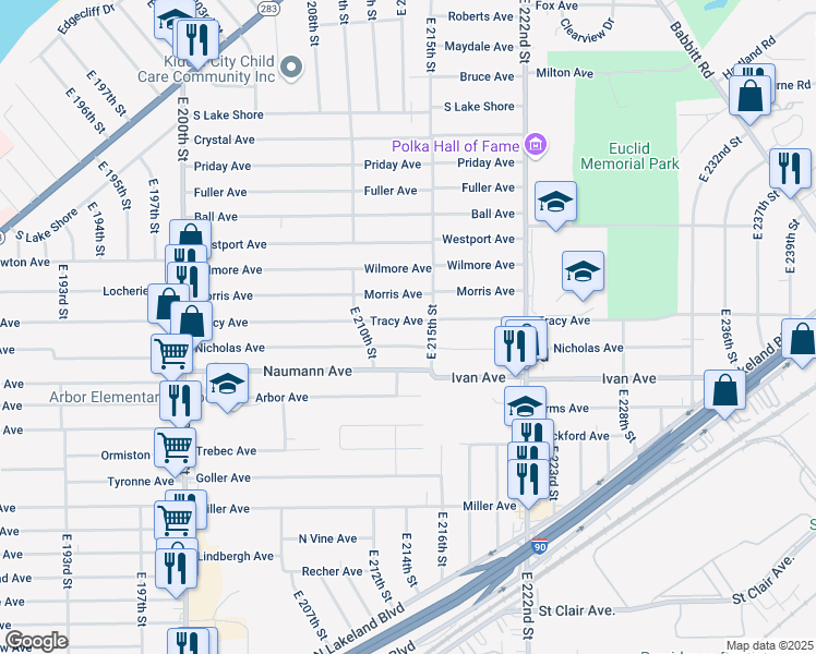 map of restaurants, bars, coffee shops, grocery stores, and more near 21330 Tracy Avenue in Euclid