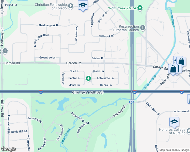 map of restaurants, bars, coffee shops, grocery stores, and more near 6523 Antoinette Lane in Maumee
