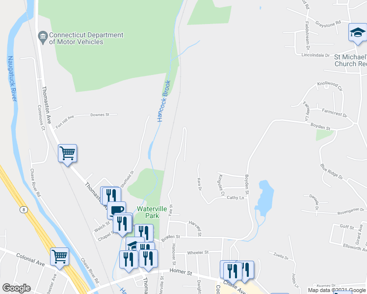 map of restaurants, bars, coffee shops, grocery stores, and more near 200 Yale Street in Waterbury
