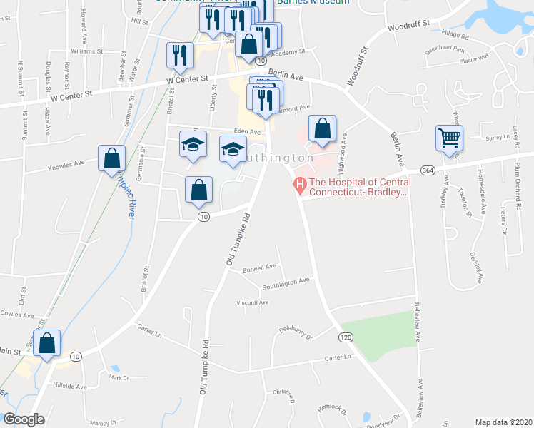 map of restaurants, bars, coffee shops, grocery stores, and more near 25 Old Turnpike Road in Southington