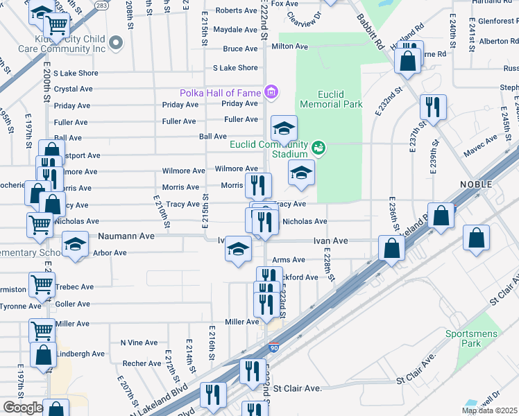map of restaurants, bars, coffee shops, grocery stores, and more near 764 East 222nd Street in Euclid